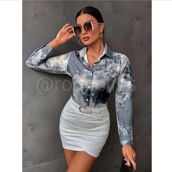 Abstract Marble Print Button Down Collared Long Sleeve Dress Shirt Top Grey - Picture 6 of 7